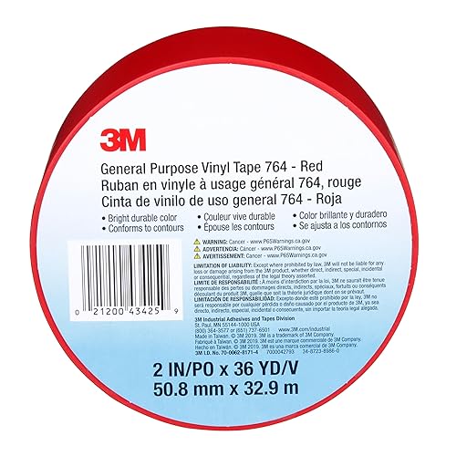 Miniatura 2 de 3M Cinta de vinilo 764, Uso general, 2 in x 36 yardas, rojo, 1 rollo, cinta de marcado de piso de tráfico ligero, distanciamiento social,