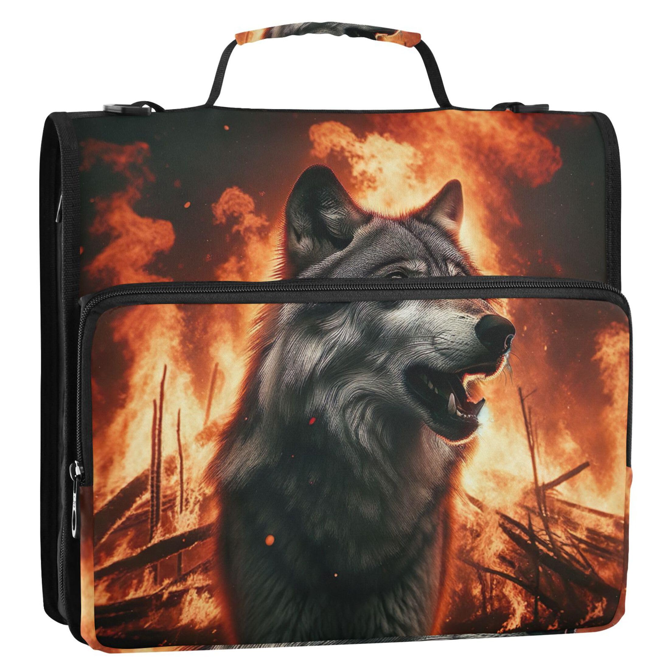 Wolf on Fire 3 Ring Binders 1 1/2 Inch D Ring Zip up Binder Organizer Binder with Shoulder Strap for School Multi Pockets Large Portfolio Folder