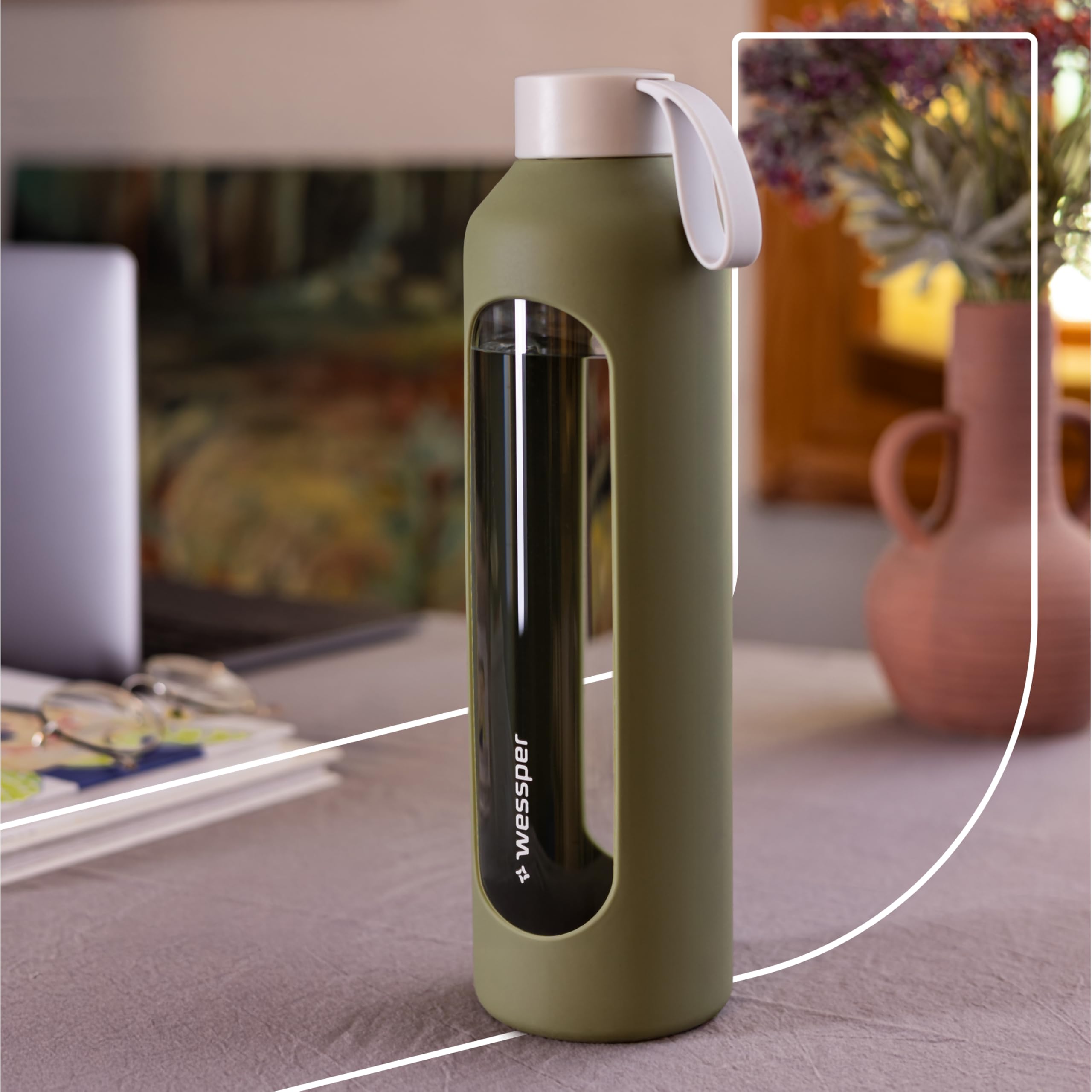 Wessper drinkfles van glas met siliconen hoes, borosilicaatglas fles met tijdsaanduiding 1 liter, sportfles Ideaal voor fitness, schoolsport, kinderen - Beige