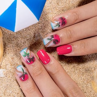Curvlife 30pcs Press on Nails, Acrylic Fake Nail with Apricot Design, Full Cover False Nails Tips Glossy Nude Glue on Nails Artificial Stick on Nails for Women (palm tree, Medium)