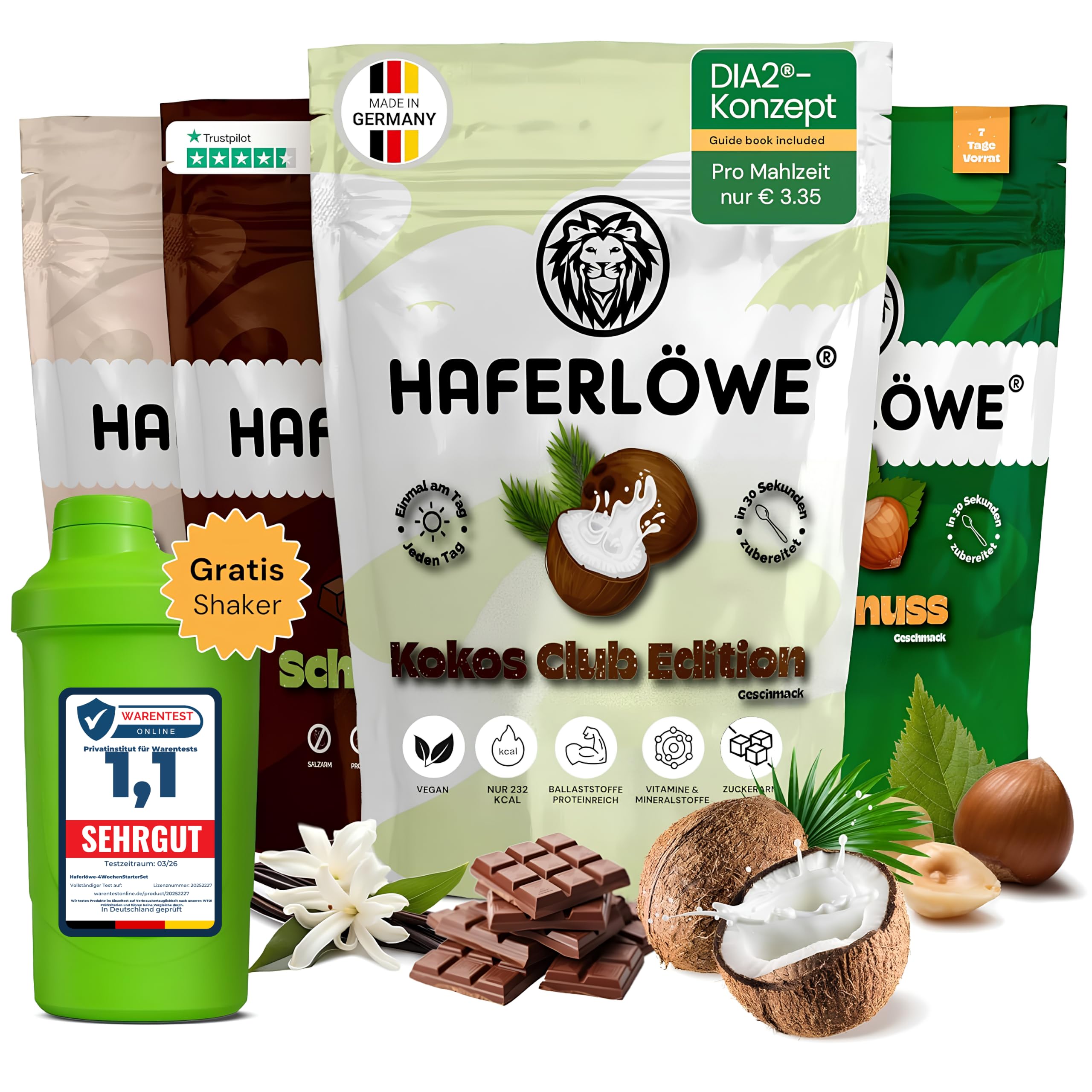Haferlöwe Haferkur 28 Tage Starter Set, Hafertage in 4 Geschmacksrichtungen | Inkl. Gratis Shaker und Leitfaden | Protein Shake | Leckerer Diät Hafershake | DIA2® Ernährung