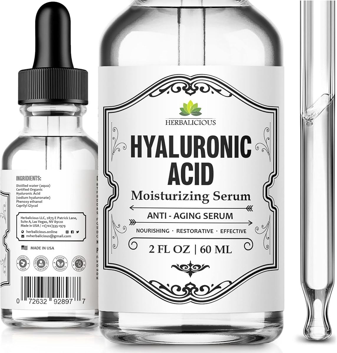 Herbalicious Hyaluronic Acid Serum – Hyaluronic Acid Serum for Face – Paraben-Free Pure Hyaluronic Acid – Moisture Boost Hydrating Serum – Anti-Aging Serum for Fine Lines, Wrinkles – 2oz