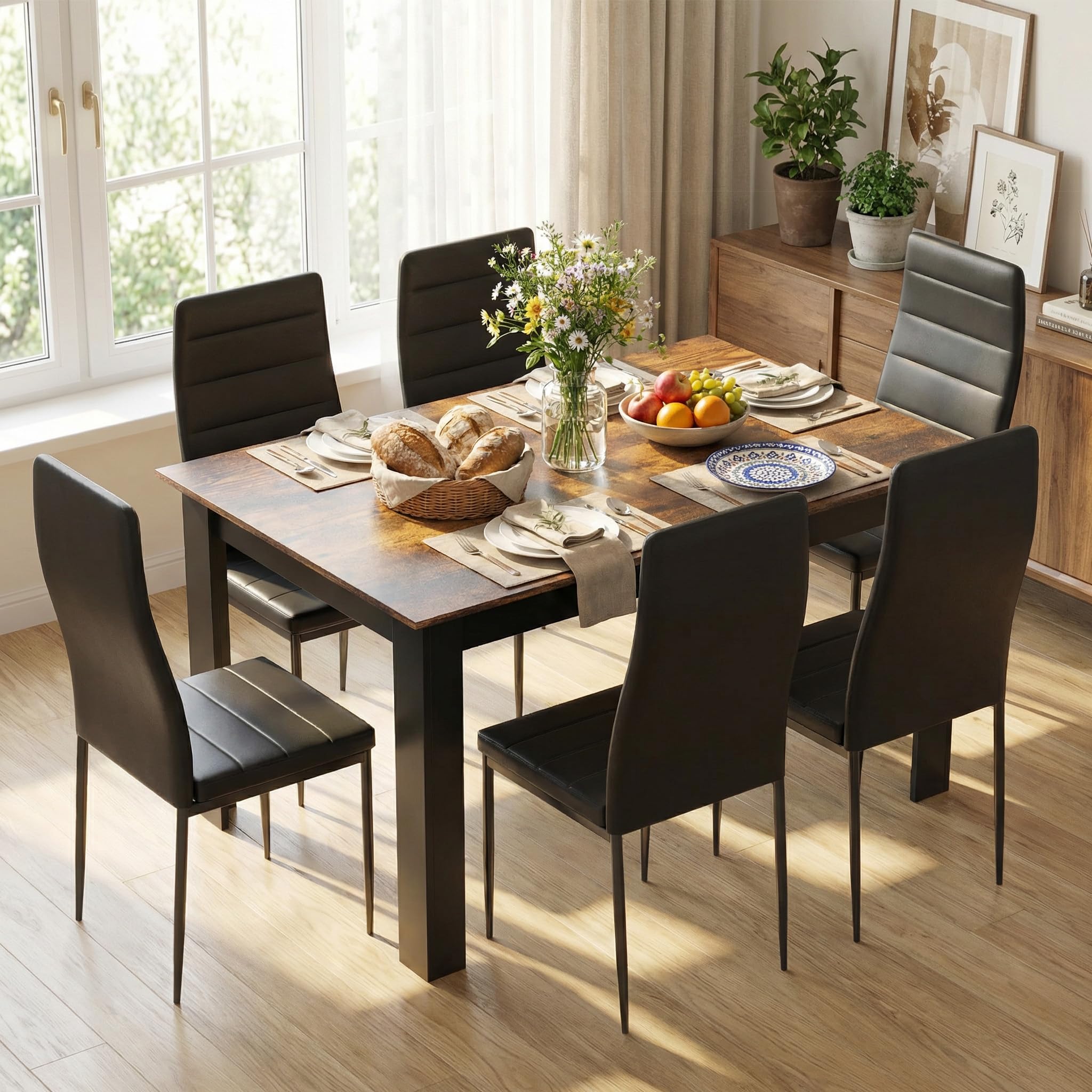 Mondeer Dining Table and Chairs Set 6, 138x90x75cm, for Kitchen Home Office, Rusticbrown Black Table and Black Chairs, 138 x 90 x 75 cm - Image 4