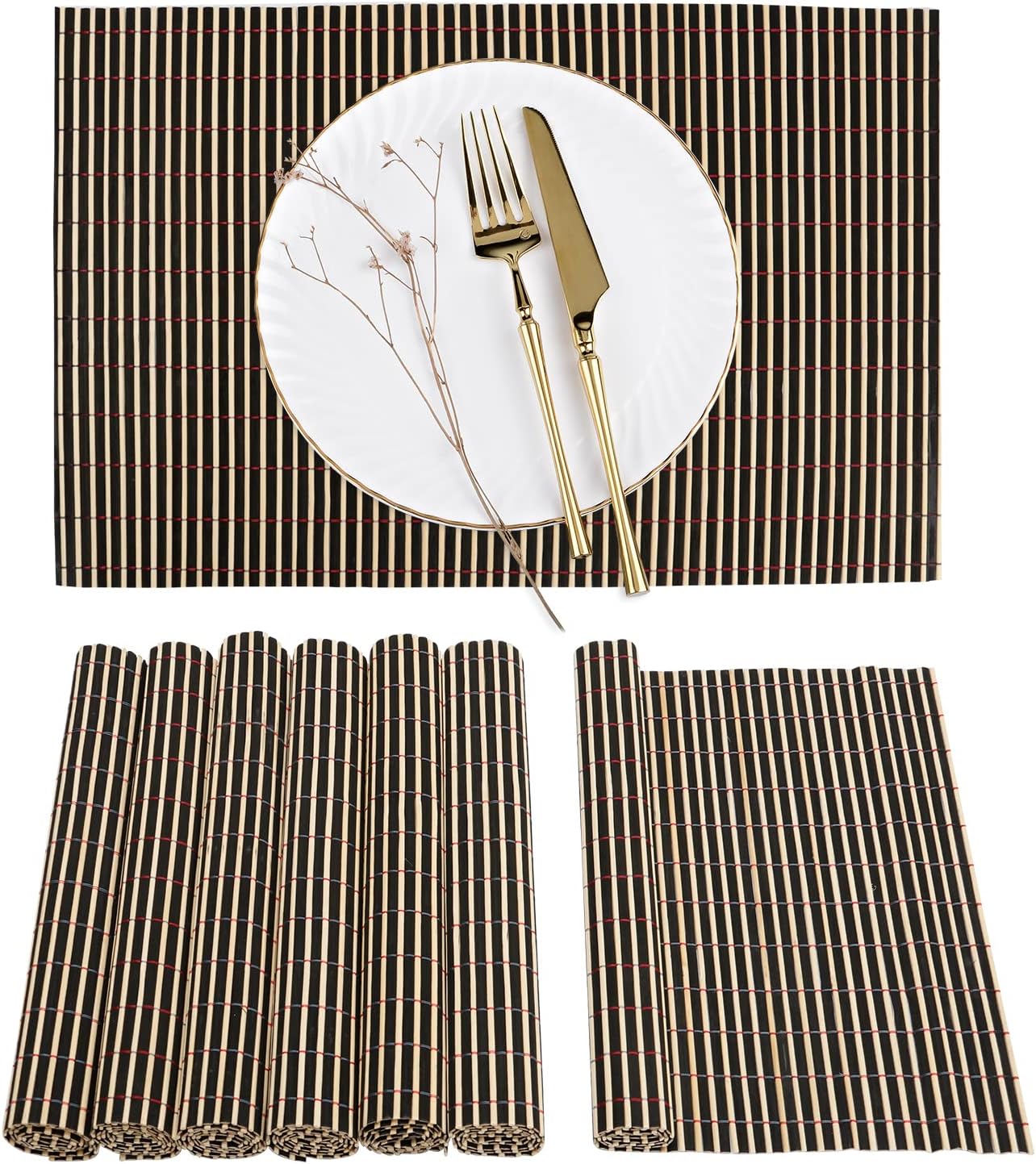 GFWARE Placemats Natural Bamboo 8 Pack Black, Table Mats