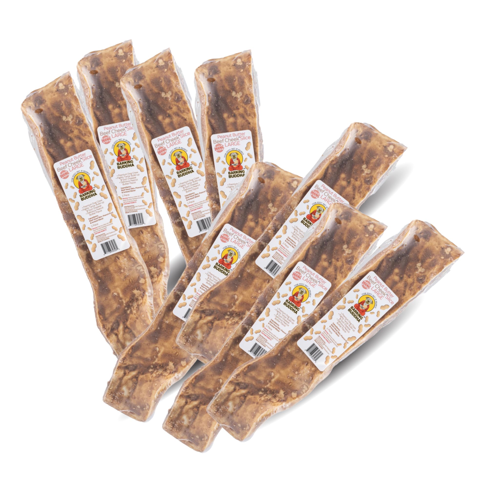 Barking Buddha Beef Cheek Slices | Premium Dog Chews | Extra Thick, All Natural, No Additives, Gluten Free | Peanut Butter - Large 10”-12” - 8 Pack