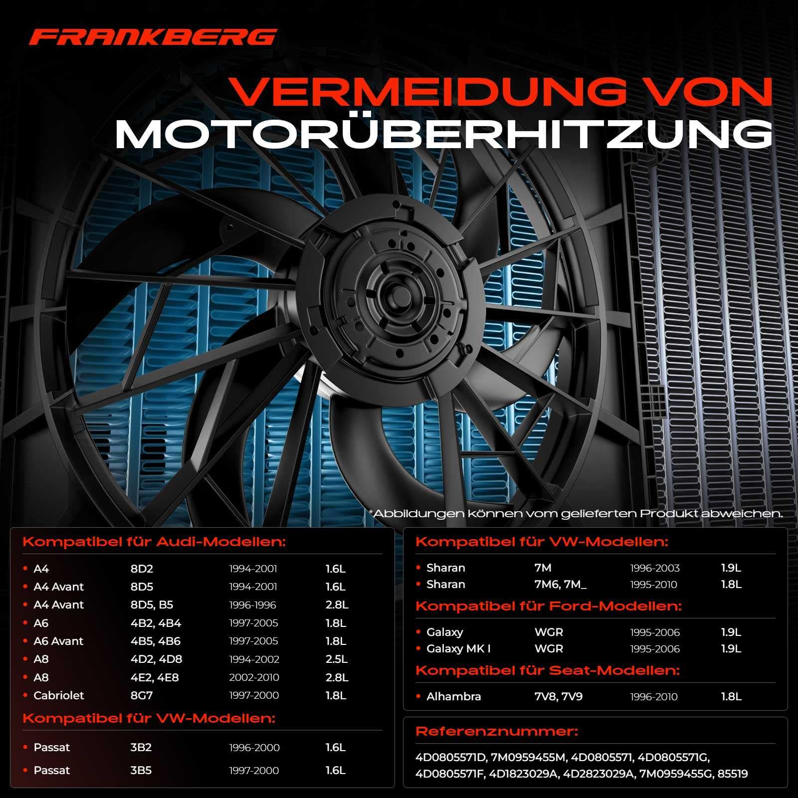 Frankberg Lüfter Motorkühlung Kühlerlüfter Kompatibel mit A4 8D2 B5 1.6L-2.8L 1994-2001 Pa.ssat 3B2 1.6L-2.8L 1996-2000 A6 4B2 C5 1.8L-4.2L 1997-2005 Replace# 7M0959455M