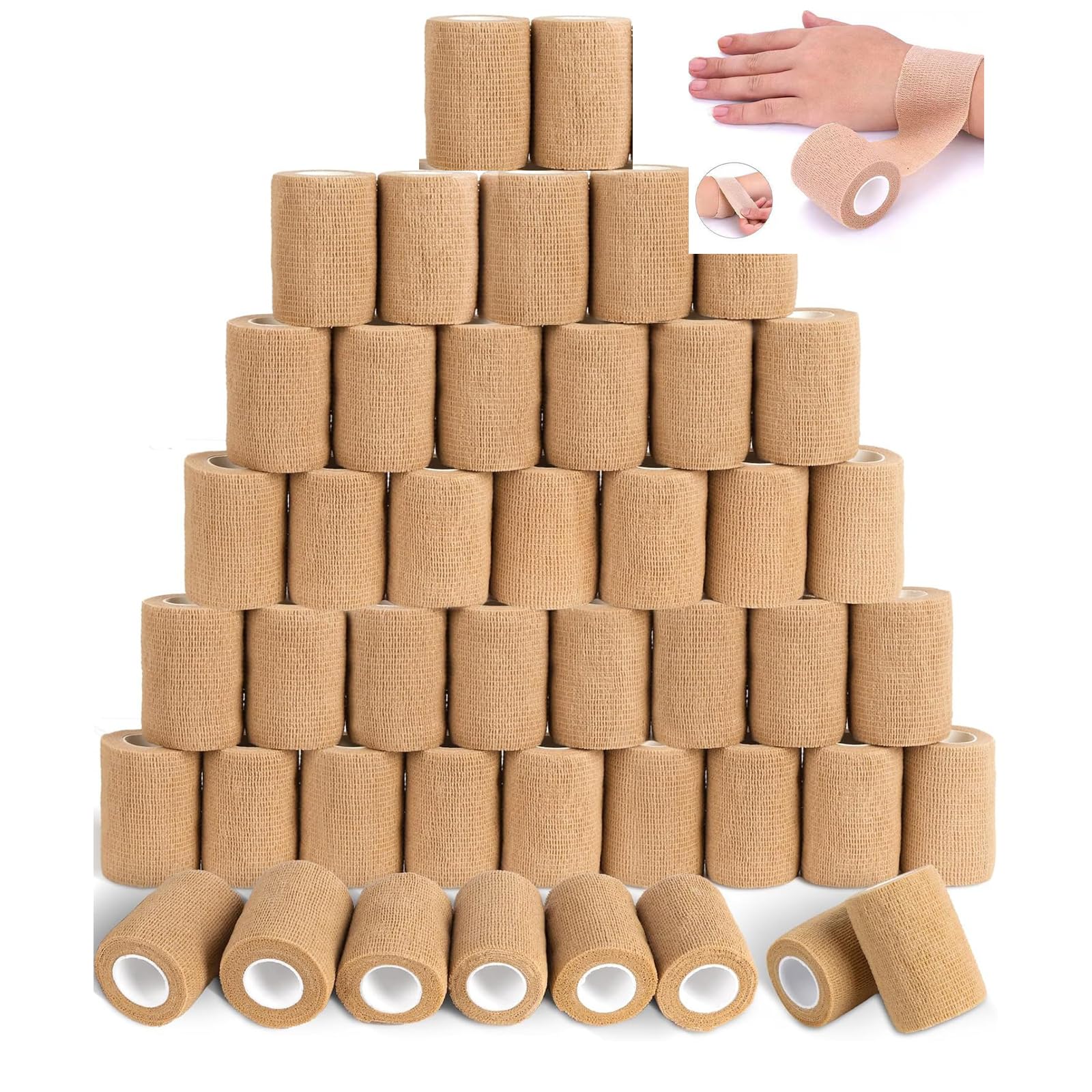 Selbstklebender Verband, 5cm x 4.5m Pflaster Rolle Verbandsmaterial, 60 Rollen Elastische Binde Bandage Fixierbinde Haftbandage Selbstklebend für Sport, Finger Hand Zehen Füße, Katze Hund Pferd (Tan)