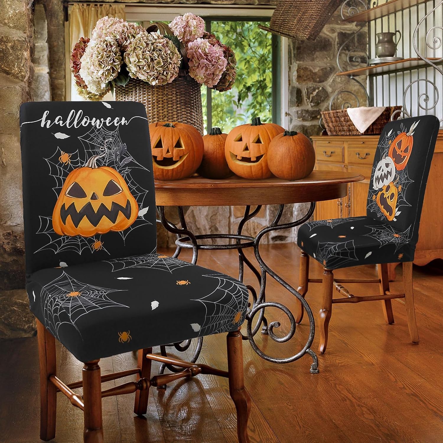 Halloween Chair Covers Set of 6 Pumpkin Ghost Spider Stretch Parsons Chair Slipcovers for Halloween Dining Room Decor Chairs Seat Protectors (Ghost Spider Web,6PCS)