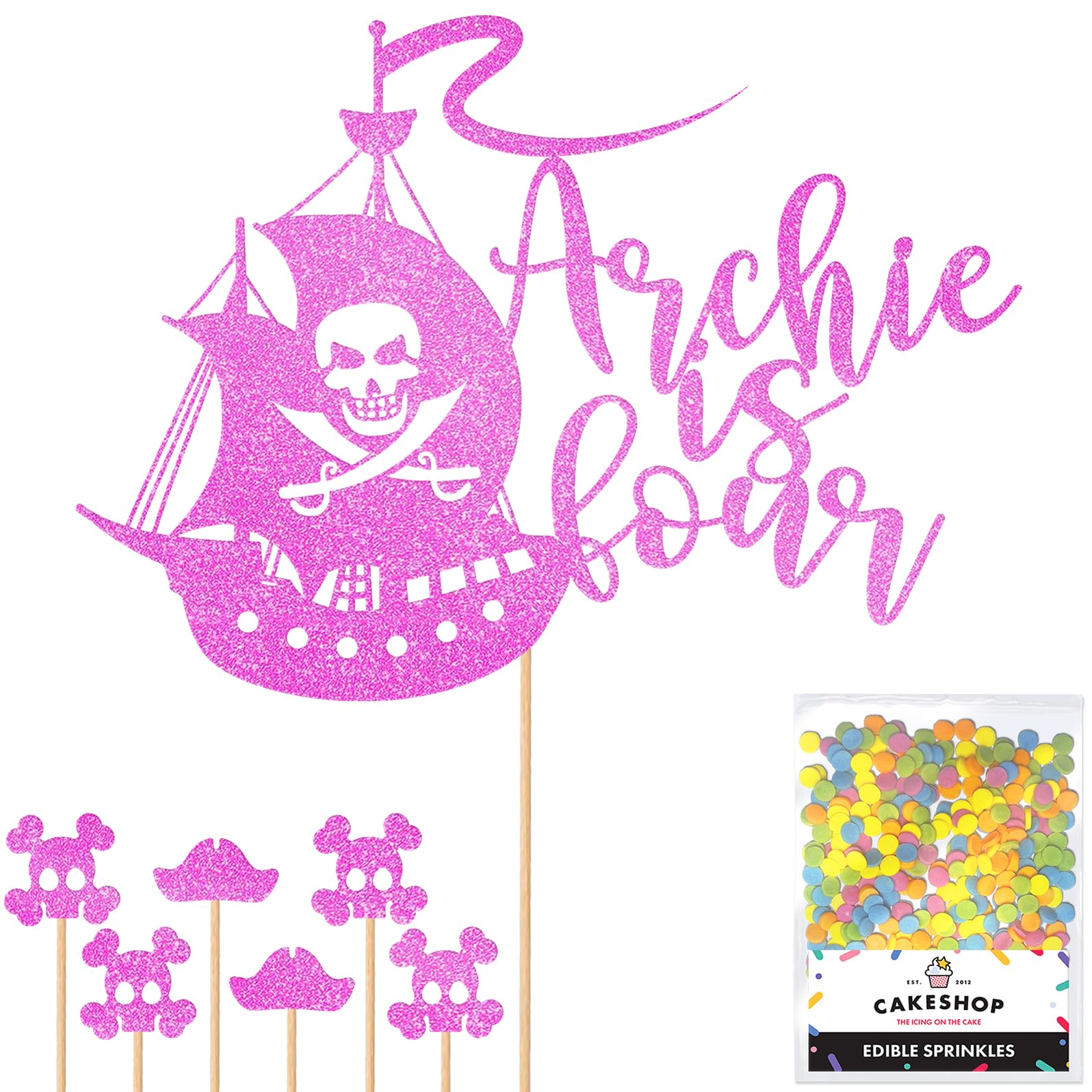 Personalised Birthday Pirate Ship Glitter Cake Topper Lt Pink Any Custom Age & Name Glitter Cake Decoration and Sprinkles - Happy Birthday Decorations - Personalised Toppers for Cakes by Cakeshop โ image 1