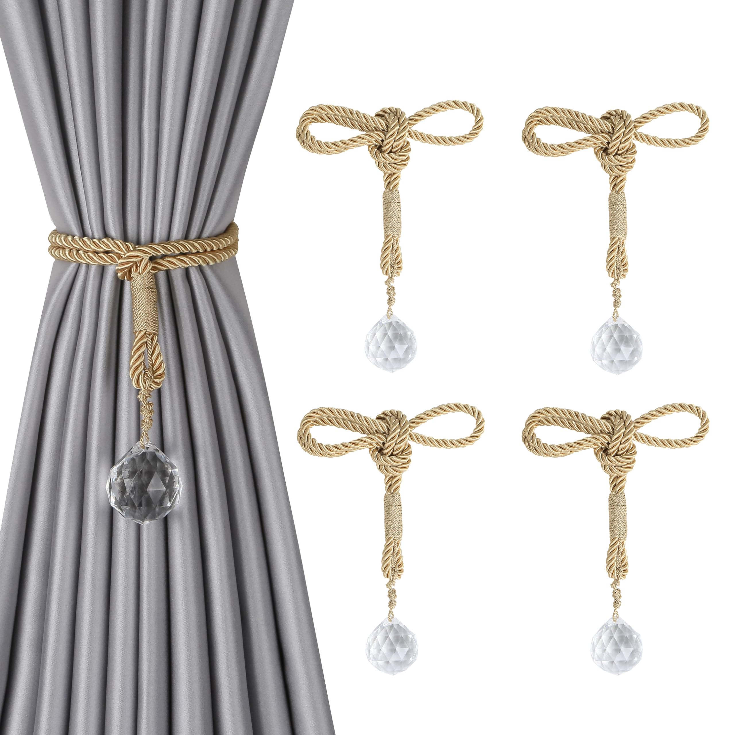 BEL AVENIR 4 Pack Crystal Curtain Tiebacks Luxury Handmade Knots Curtain Ties Elegant Drape Holdbacks Rope for Home Office Drapes Sheer DIY Decoration（Gold）