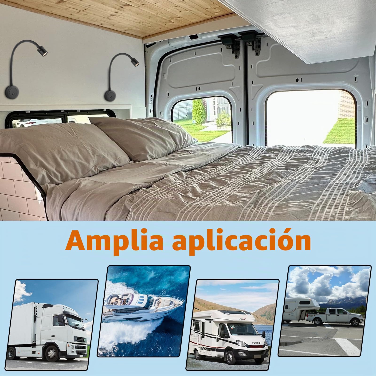 Lámpara de lectura LED 12V Camper Junto a la Cama 24V pared regulable flexible cuello de cisne para Autocaravana Furgoneta Barco Cabina, Equipado Cargador USB&Pulsador Regulador(Negro)