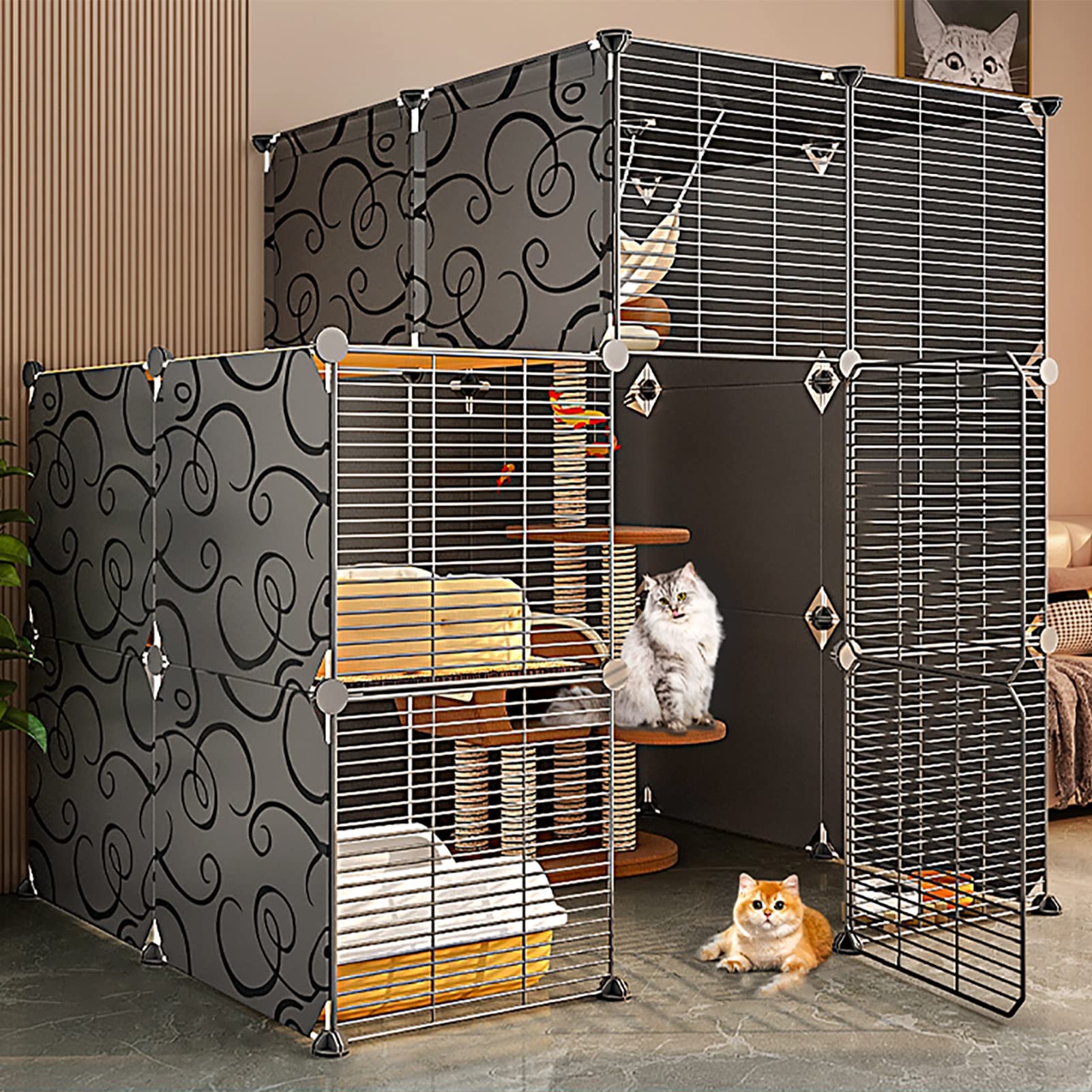 asdchZen Cat Cage Metal Cat Ferret Enclosure Chinchilla Cage Ramp/Ladders/Hammock For Pet Closed Cat Cage With Litter Box,C,111 * 75 * 109 Cm,White,Black-111x75x109L
