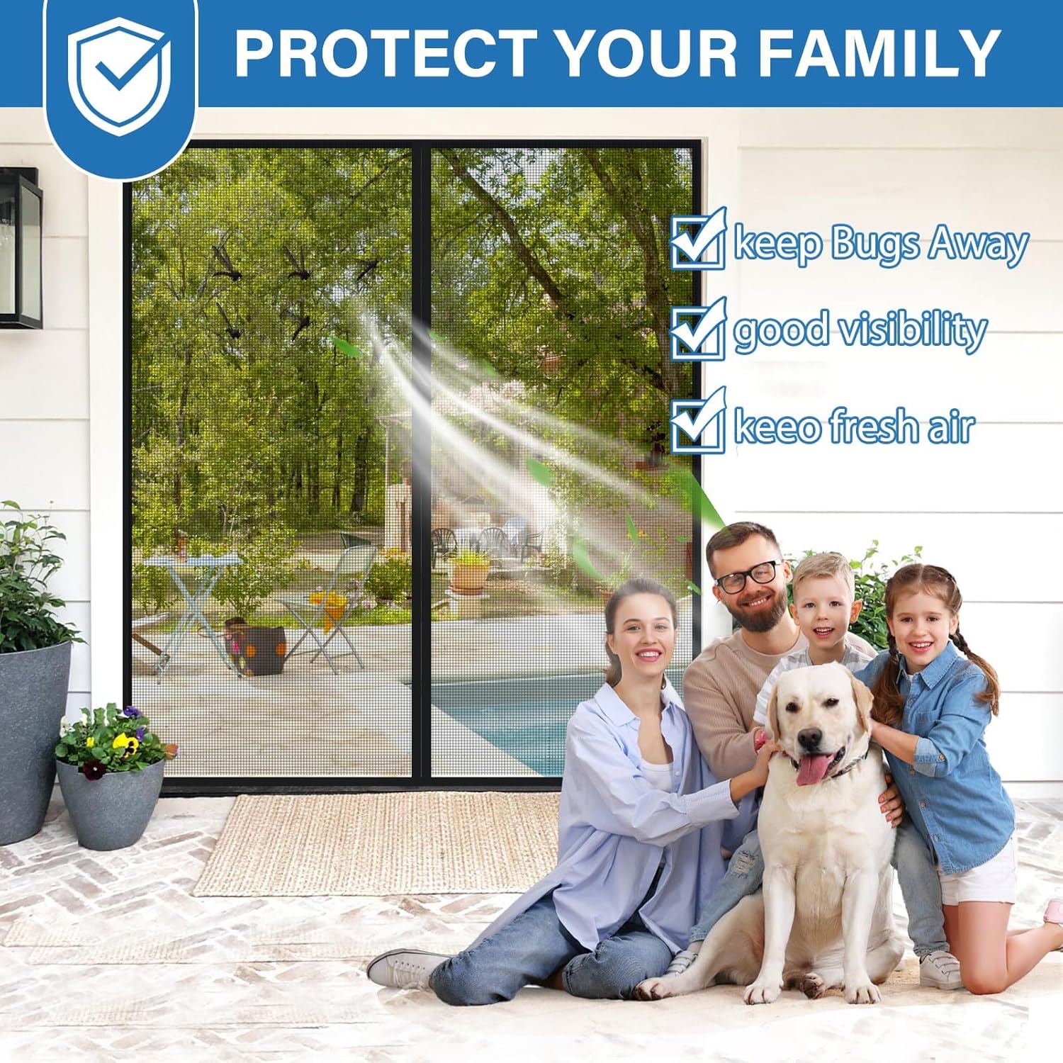 マグネットスクリーンドアアップグレードPETメッシュはグラスファイバーやポリエステルよりも丈夫、ハンズフリー、虫を寄せ付けず、ペット
