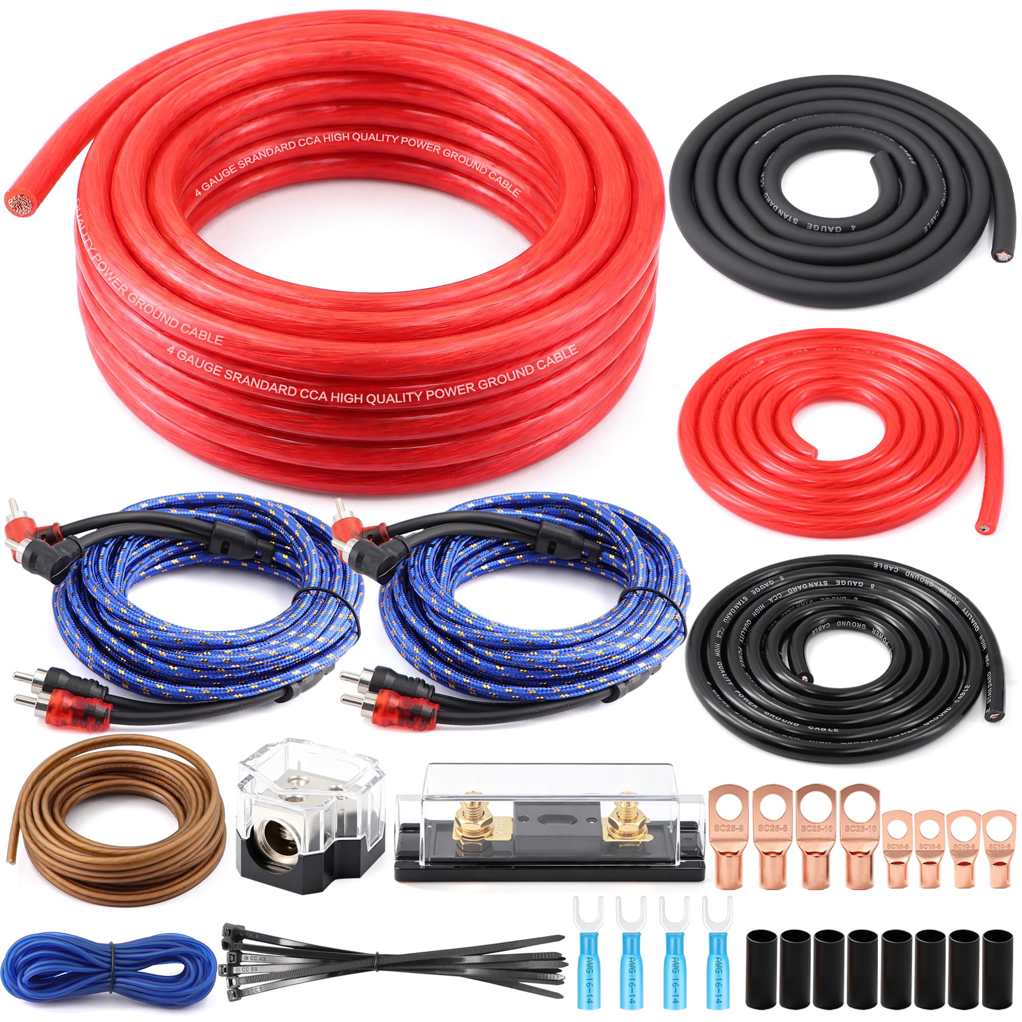 Kit de câblage double ampli de calibre 4, kit d'installation complet d'amplificateur audio de voiture 1000 W avec fusible ANL 100 A, câbles RCA OFC, fil de haut-parleur et bloc de distribution pour