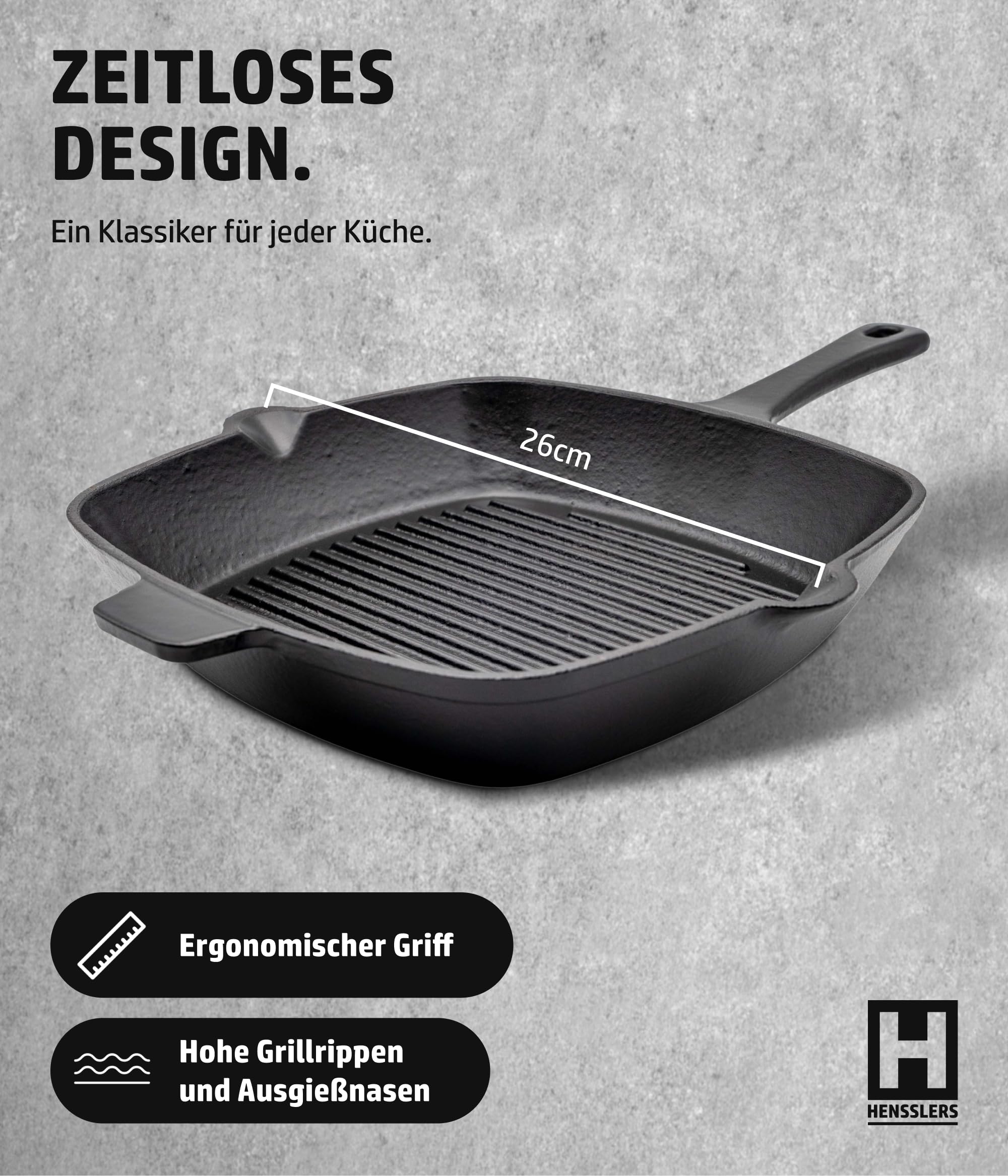 HENSSLERS® Grillpfanne Gusseisen [26cm] - Grill Pfanne für alle Herdarten & Backöfen inkl. Gasgrill & Induktionsherd - Beschichtete Antihaft Steakpfanne - Viereckige Induktion Gusspfannen für Grill