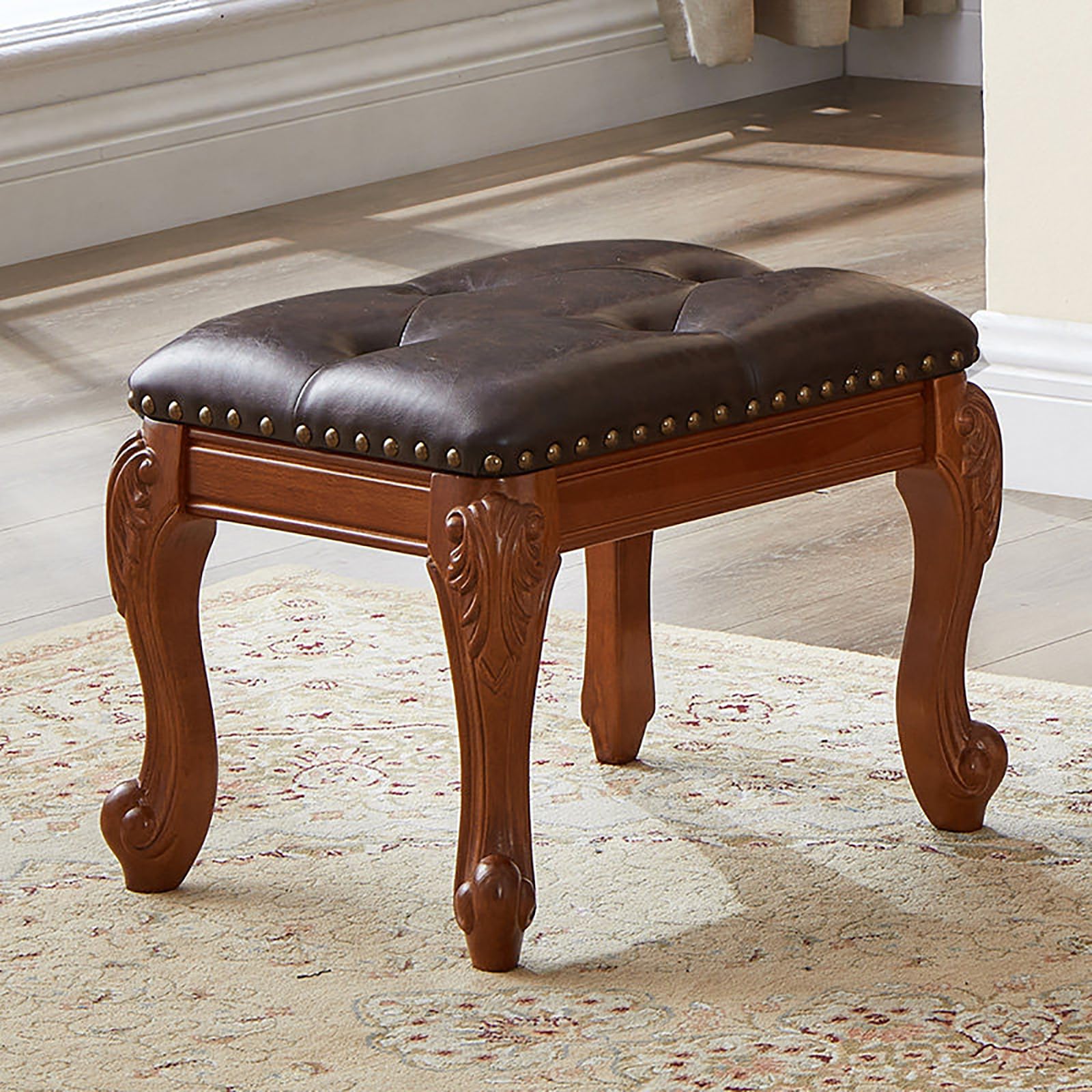 Mescxty A Leather Foot Stool Ottoman,Vintage Carved Upholstered Low Shoe Changing Rest Stool,Wooden Footstool For Couch/Living Room/Sof,