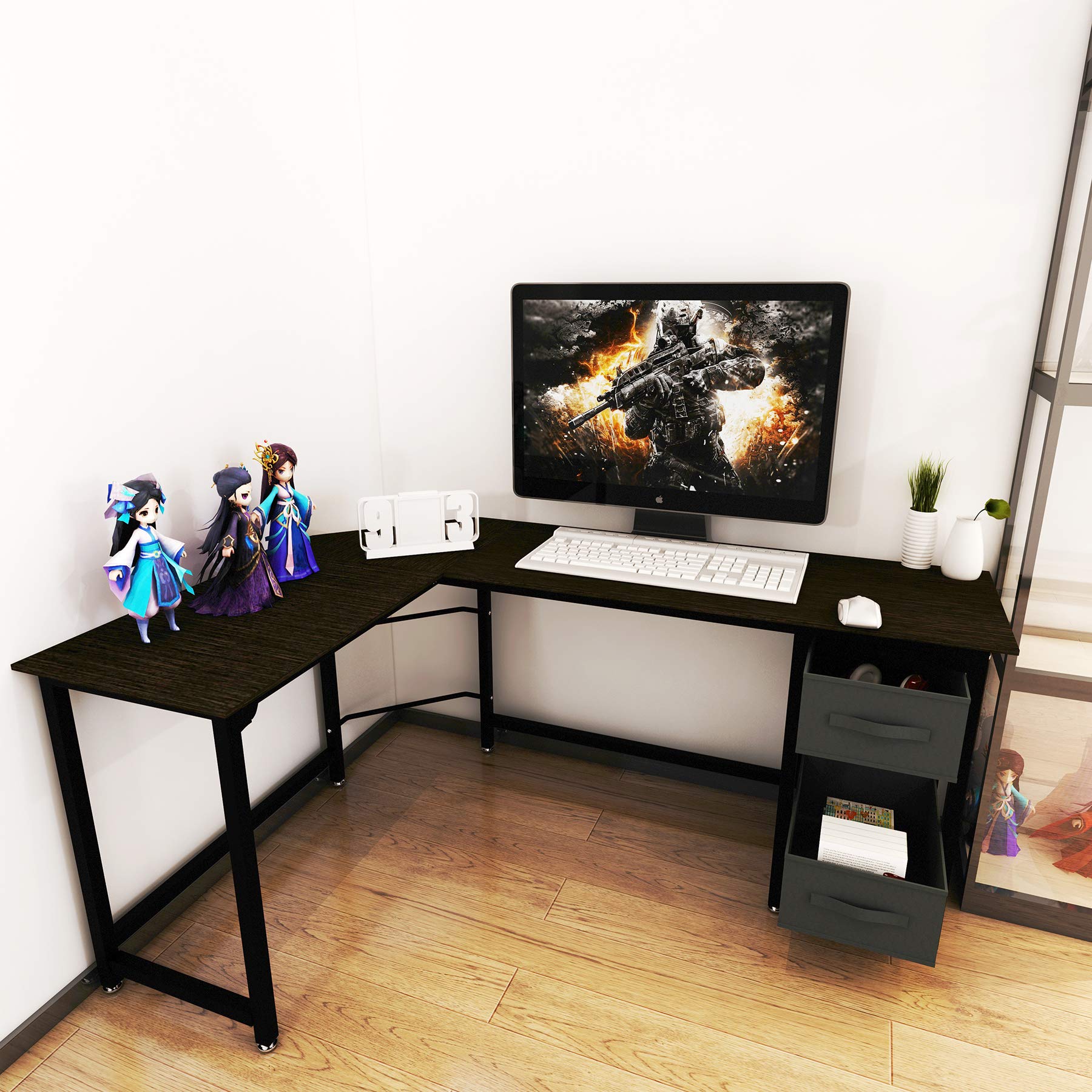 Buy Black L Shaped Desk with Storage, Computer Gaming Desk with Drawers