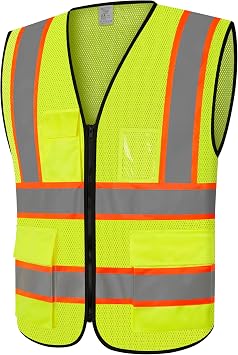 High Visibility Vest for Men Women, Reflective Vest with Pocket and Zipper, Construction Work Apparel with Reflective Strip, ANSI Compliant, Class3, Yellow, 2XL