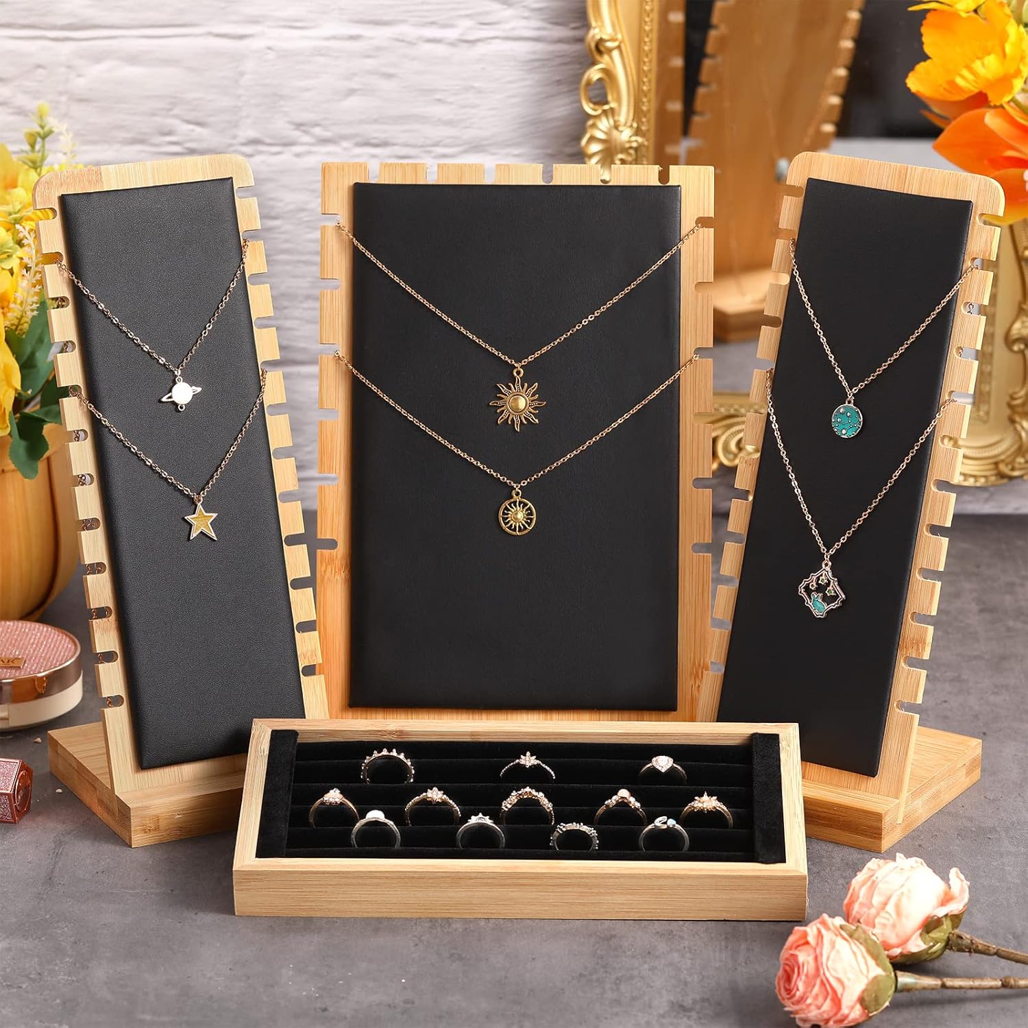 Henoyso 4 Pcs Necklace Display Stand Bamboo Jewelry Display Board Ring Organizer Holder Jewelry Storage Tray for Home Vendors