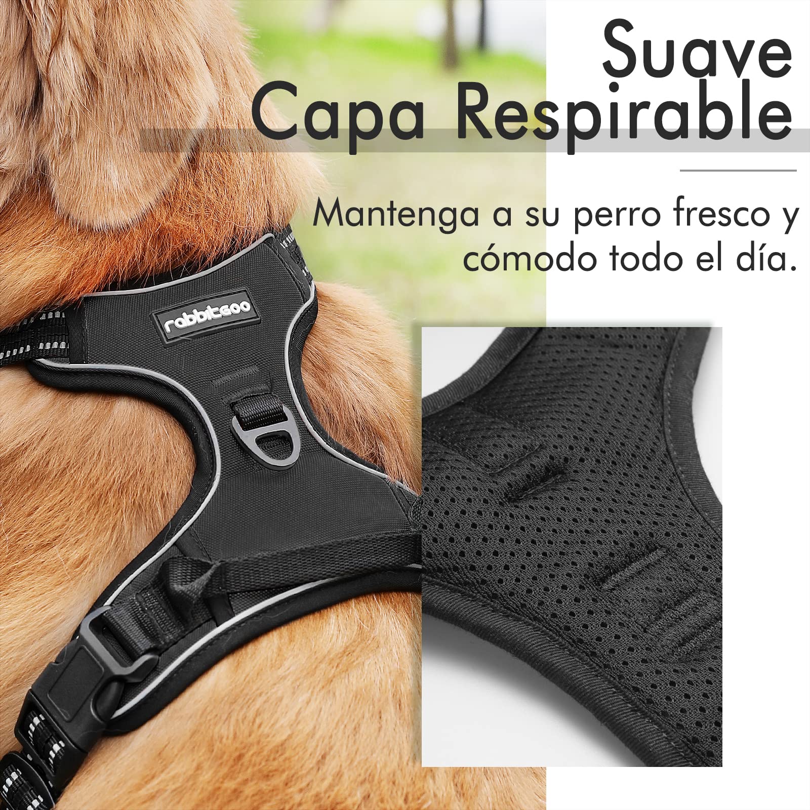 rabbitgoo Arnes Perro Grande Mediano Pequeño Arnés Pecho Antitirones Perros Coche con Lineas Reflecantes Cómodo Transpirable Chaleco Acolchado Ajustable para Adiesreamiento Correr Negro Tamaño Grande