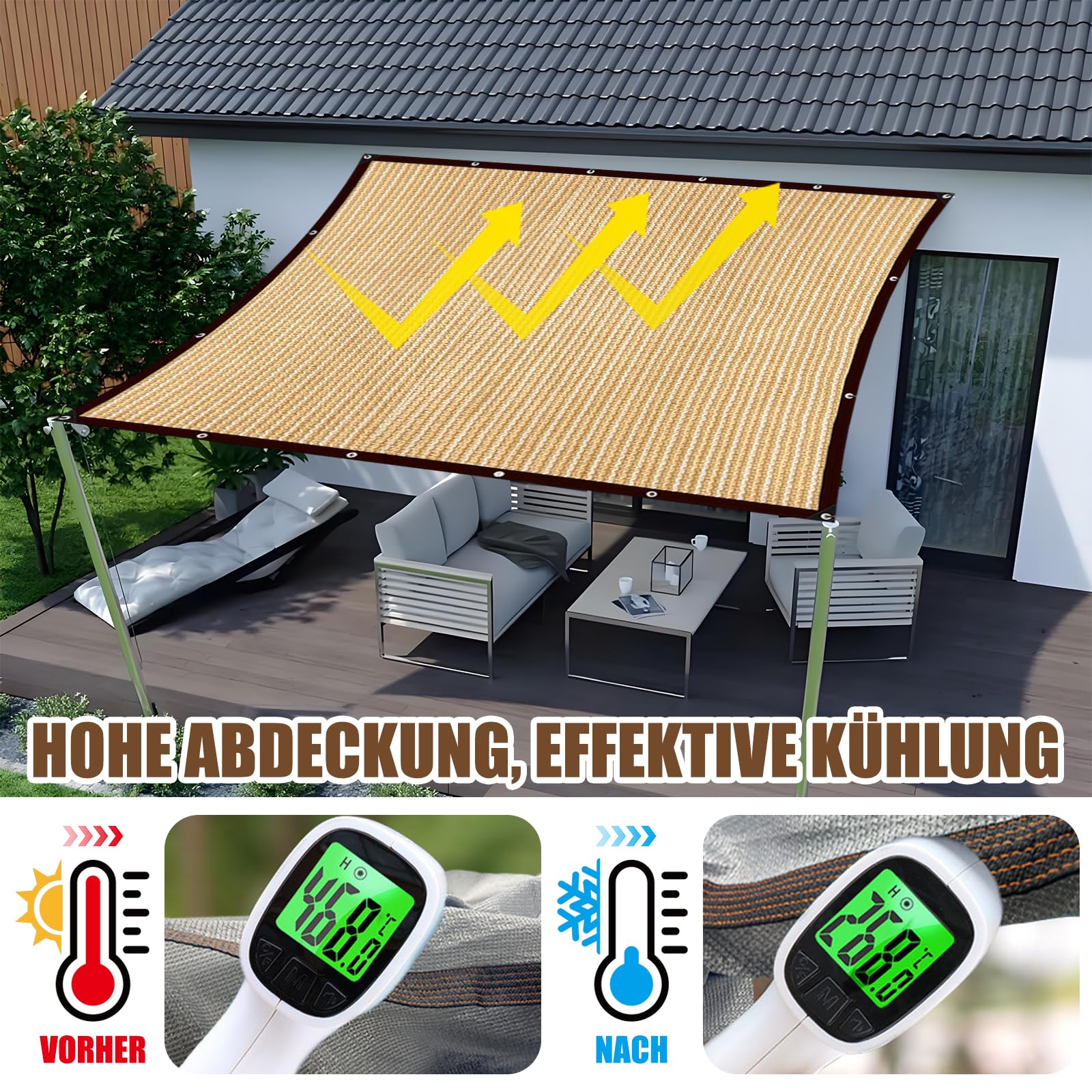 Tenda da sole con occhielli, 85%, rete ombreggiante da giardino, rete rettangolare, protezione solare per esterni, in HDPE resistente agli strappi, permeabile all'acqua (beige, 2 x 3 m)