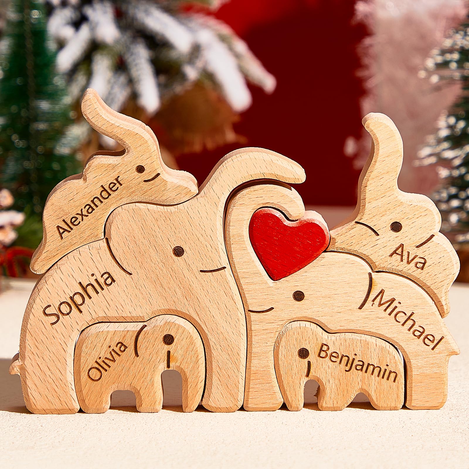 Personalised Wooden Elephant Family Puzzle, Custom Engraved Wooden Puzzles with 2-8 Names, Home Decoration Mothers Day Fathers Day Birthday Gifts for Mum Dad Grandma Granny Grandpa — image 1
