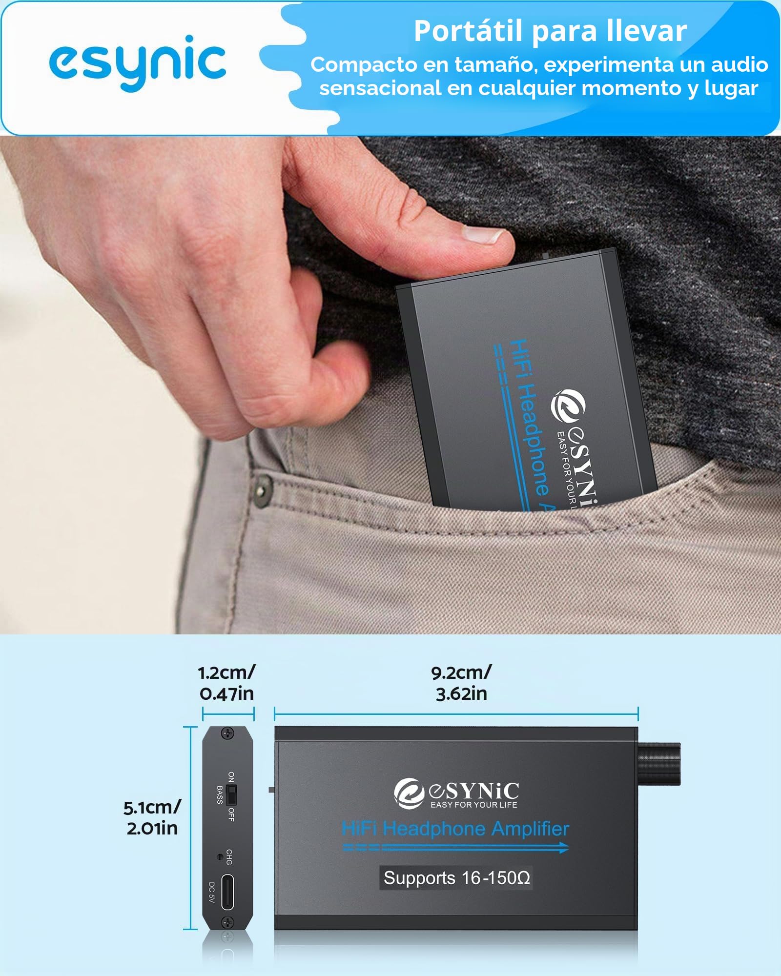 eSynic Amplificador de Auriculares Portátil HiFi 3.5mm Audio Jack con Interruptor de Ganancia de Dos Etapas Cable USB y Cascara de Aluminio para Teléfonos MP3 MP4 Reproductores Digitales y Ordenadores