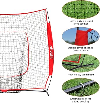 Ativafit 7x7 Baseball Practice Net - Portable Pitching & Batting Training Net with Hung Net*2 - Easy Setup Baseball Net - Includes, Practice Balls*3, Batting Tee*1, Carry Bag*1