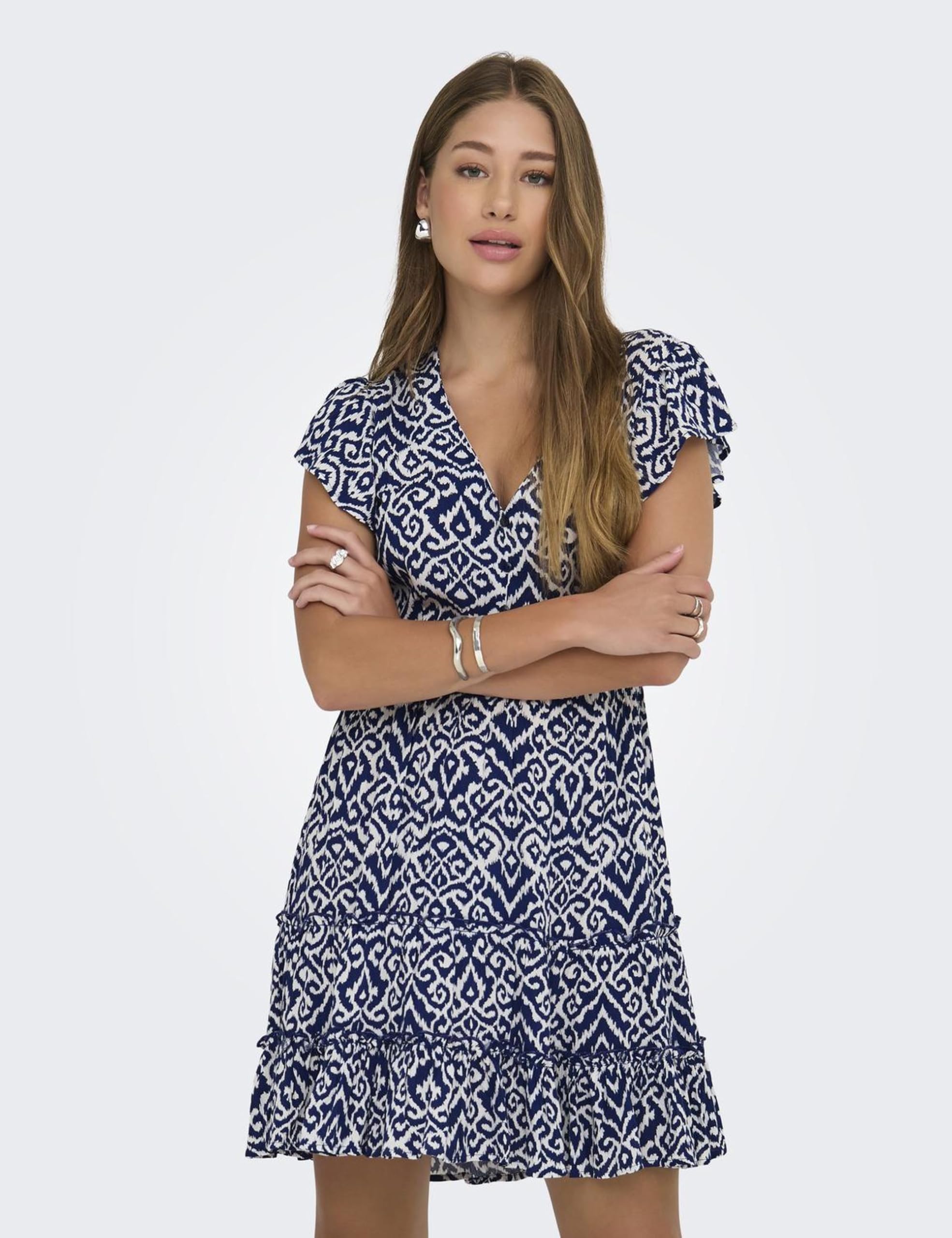 Only Onlclaudette Life SS Mini Dress Wvn Noos Mini Abito con Scollo A V E Volant per Uso Quotidiano Donna (Pacco da 1)