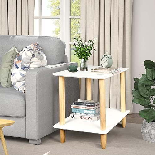 Miniatura 2 de ECOMEX Mesa auxiliar de madera, mesa auxiliar de 2 niveles con estante, mesas auxiliares pequeñas para dormitorio, sala de estar, entrada, oficina,