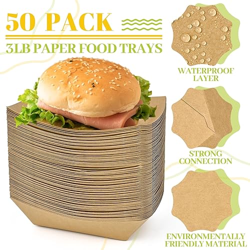 Miniatura 3 de Ocmoiy Bandejas de papel de 3 libras, paquete de 50 bandejas desechables para nachos, papel kraft de alta resistencia, soportes para botes de