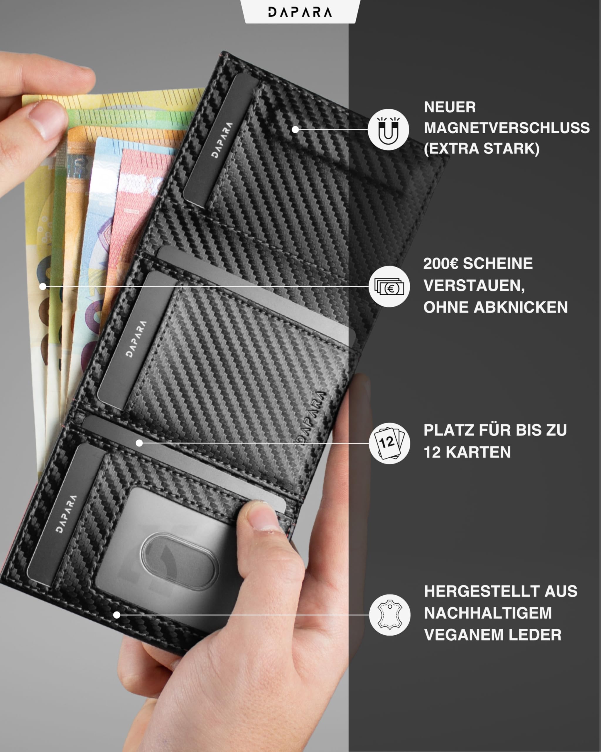 Geldbörse Herren | Slim Wallet Herren mit Münzfach & RFID-Schutz | Portmonee Männer | Kartenetui für 12 Karten | Smart Wallet for Men | Karten Geldbeutel | Portemonnaie | Carbon Red