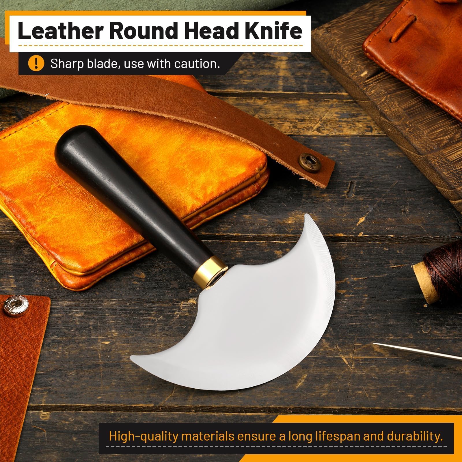 Cuchillo de cuero con mango de madera, cuchillo redondo de cuero, cuchillo de corte de cuero afilado, cuchillo de trabajo de cuero para corte de cuero, skiving, manualidades y proyectos