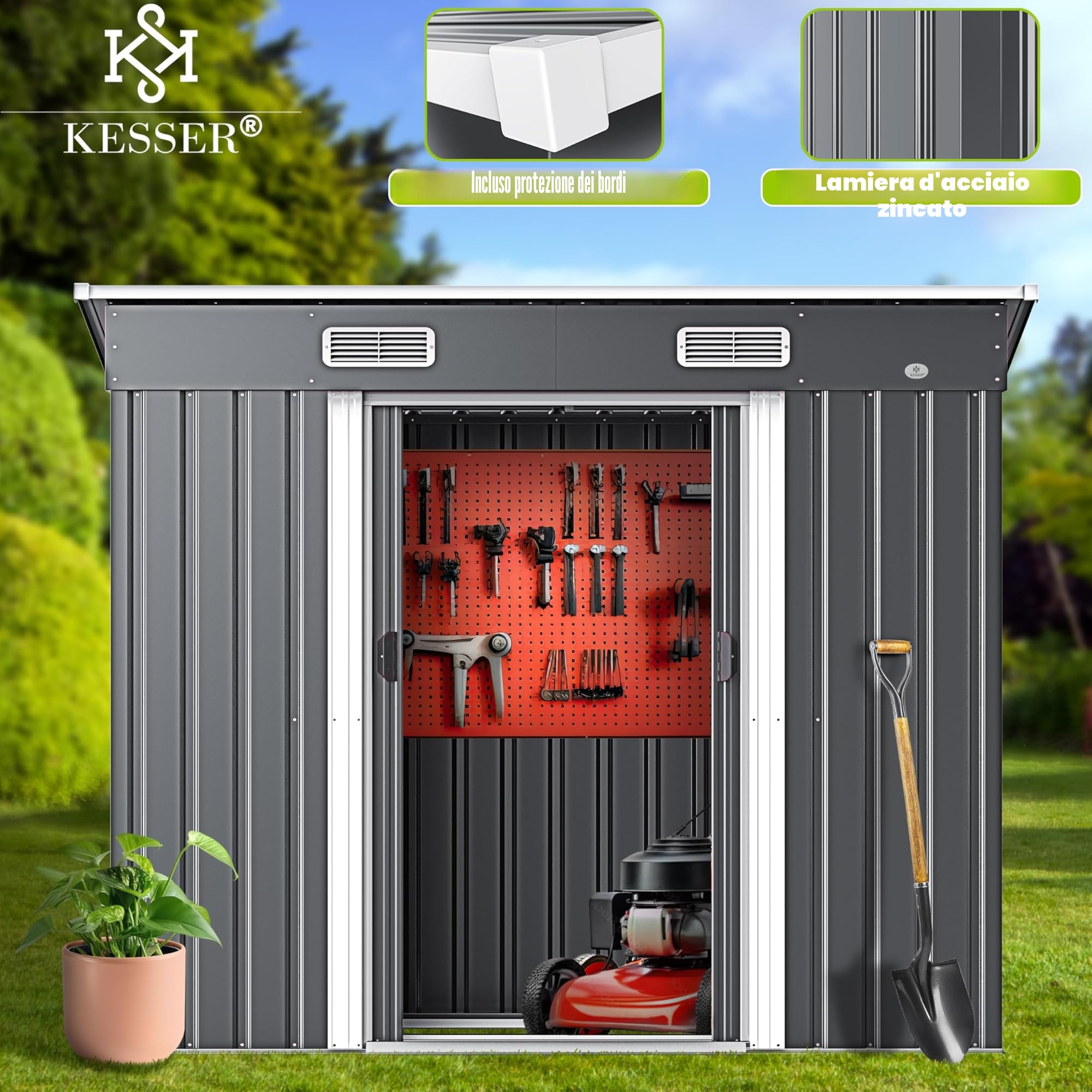 KESSER® - Casetta degli attrezzi, L, in metallo, 4 m³, con fondazione, 194 x 112 x 181 cm, 2 porte scorrevoli e fondamenta, capannone degli attrezzi, capannone da giardino, con guanti da lavoro grigi