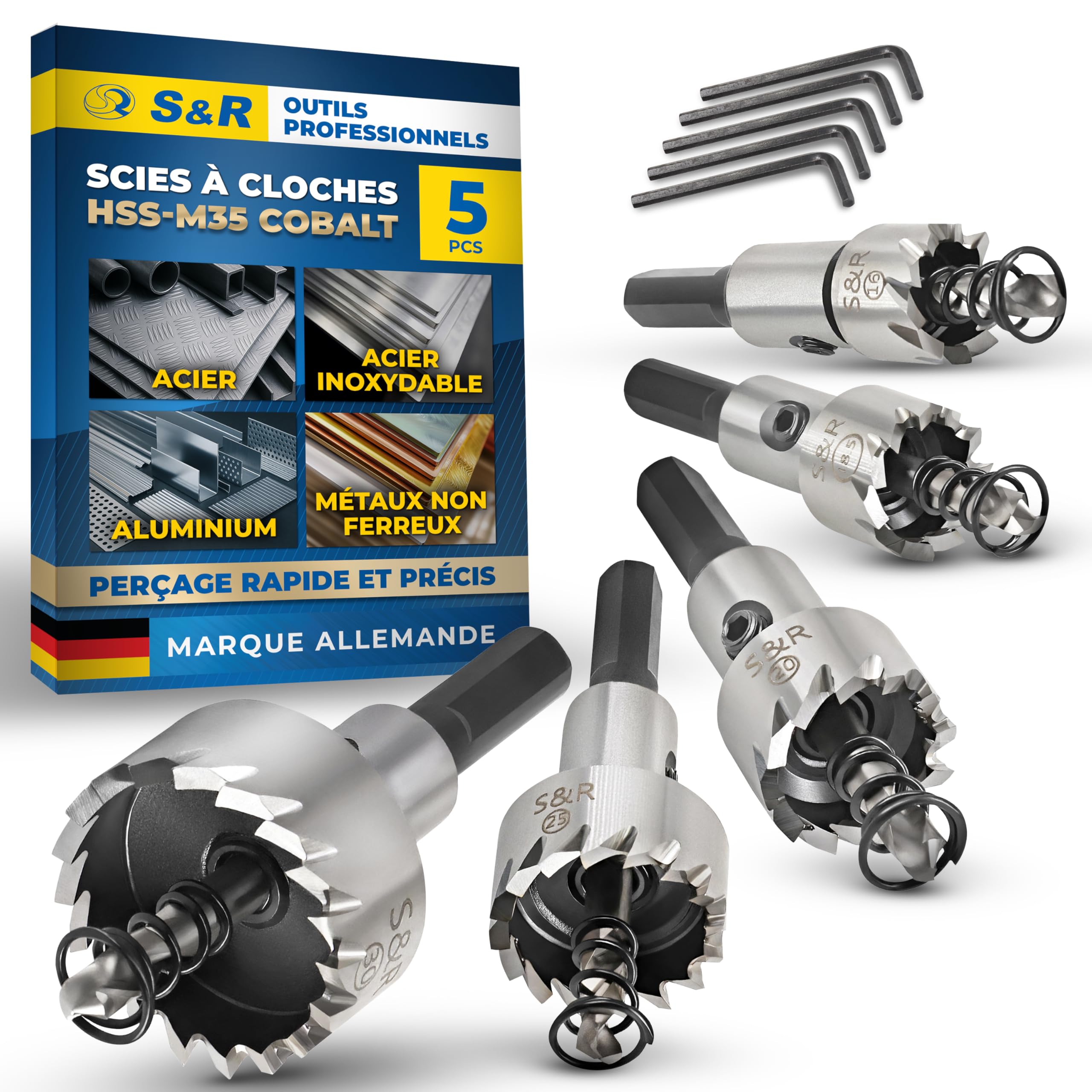 S&R Scie Cloche Metal. Lot 5 Trépans Scie cloche pour Métal HSS Acier Cobalt. Coffret 5 Trépan scie-cloche 16mm 18,5mm 20mm 25mm 30mm HRC 64–66. Tige 9,5 mm