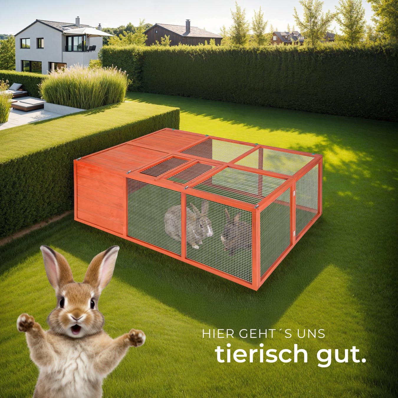 tectake® Hasenstall, faltbar, Holz, mit Dachöffnung, Freigehege, Meerschweinchen Käfig, Kaninchen Zubehör, Freilaufgehege Kaninchen, Meerschweinchen Zubehör, Kleintierkäfig, Hasenkäfig 150x103x53cm