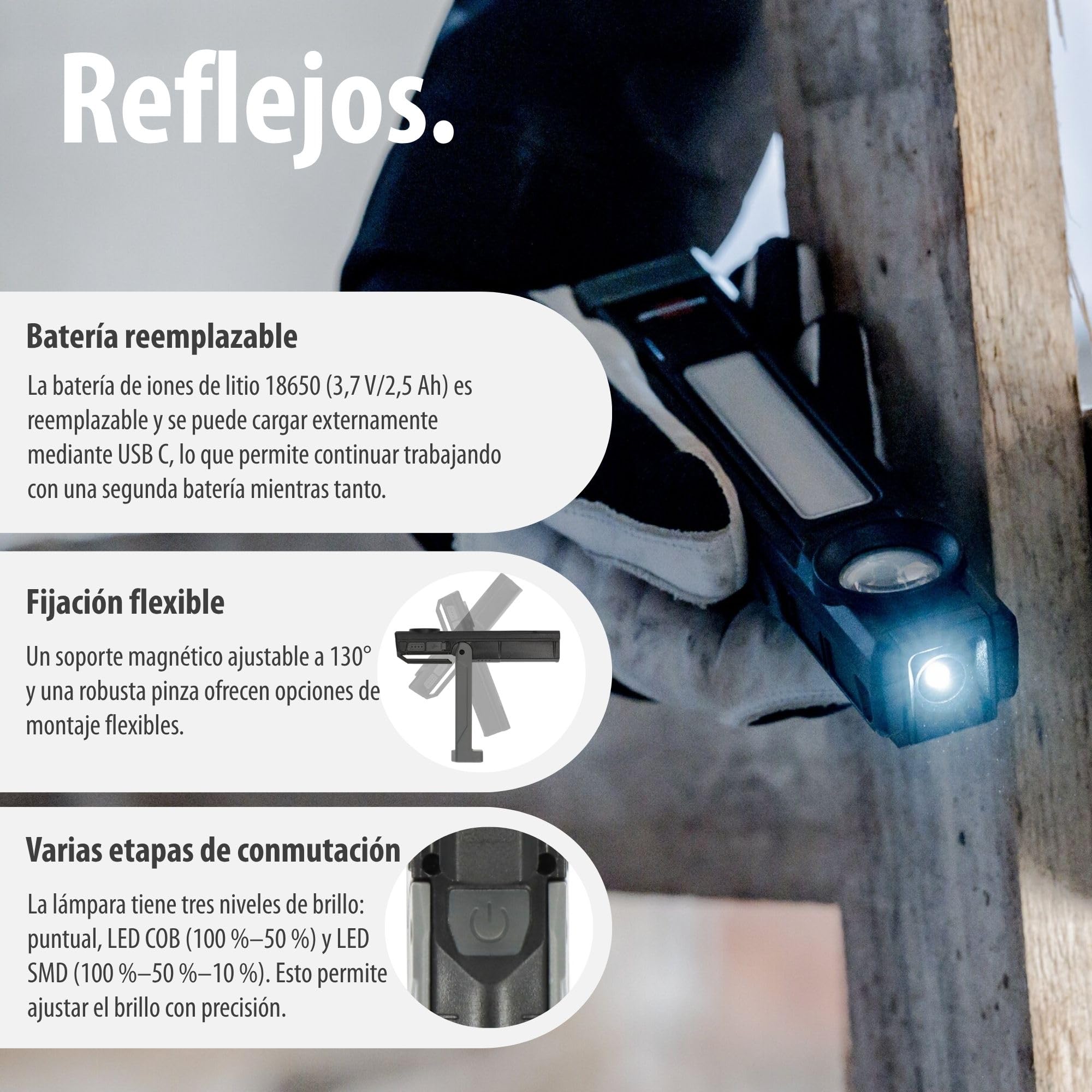 Brennenstuhl Linterna de taller LED recargable HL 900 A/Lámpara de trabajo con imán (3 fuentes de luz, 900lm, IP54, hasta 40h de duración, batería intercambiable, asa 130°, 6500K)