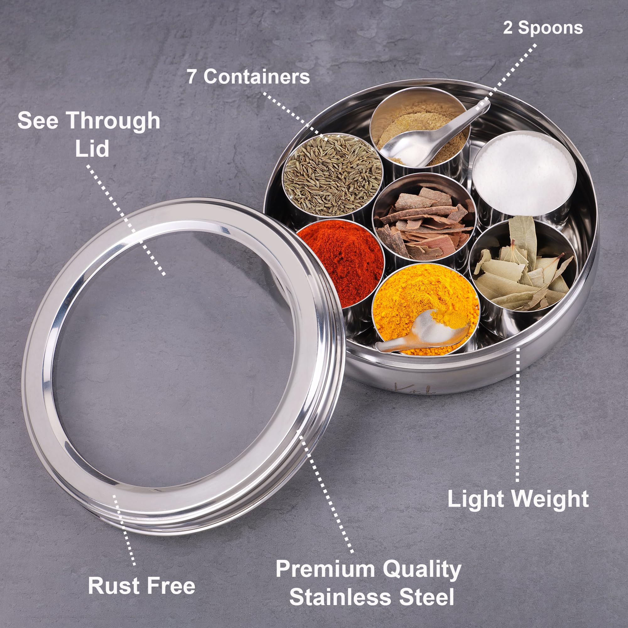 Stainless Steel Spice Box - 7 Containers & Spoon -4