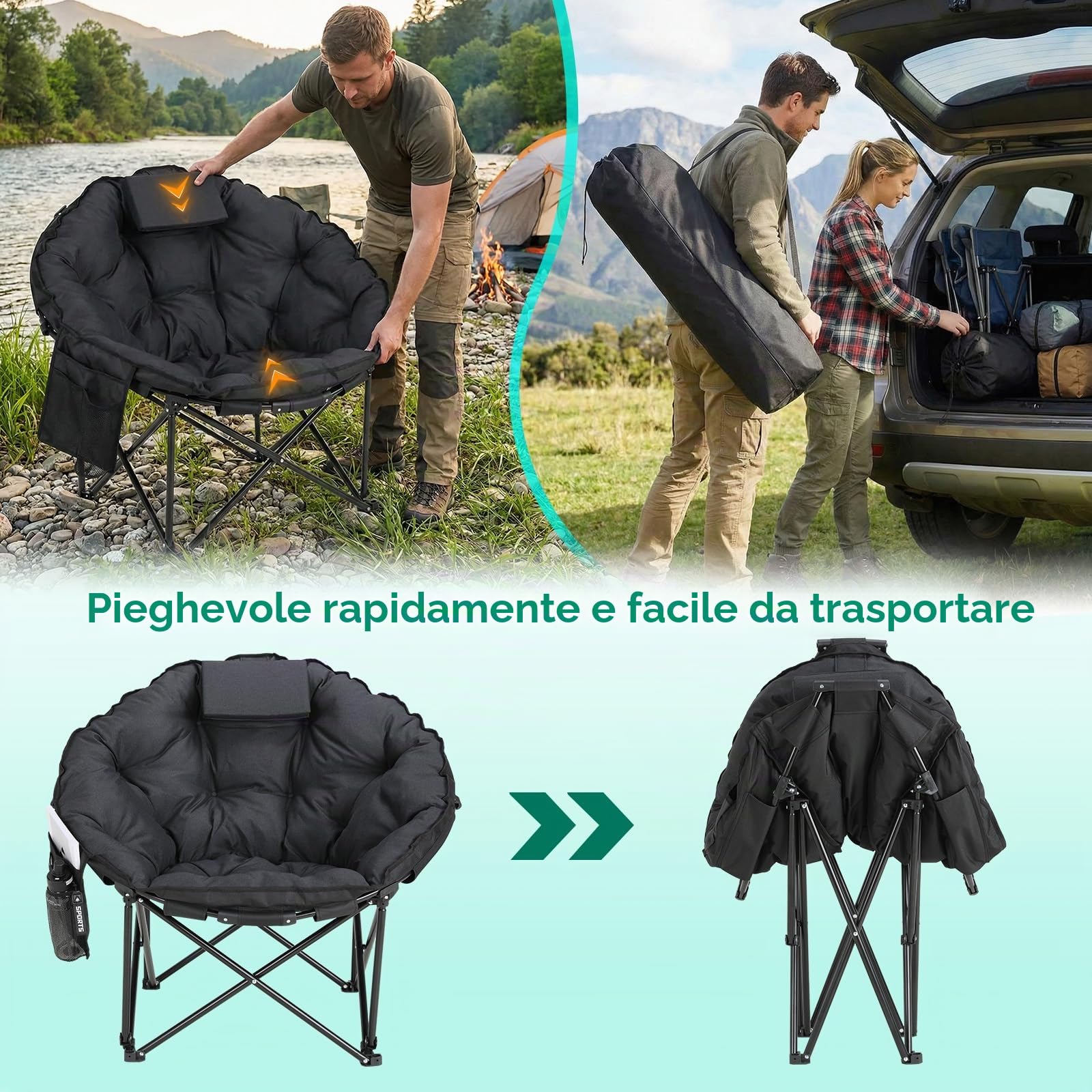 LIFERUN Sedia Pieghevole da Campeggio 150KG, Sedia da Campo Portatile, Moonchair imbottita XXL, con Poggiatesta, Tasca Laterale, borsa per il trasporto, per Giardino, Spiaggia, Trekking, Pesca, Nero