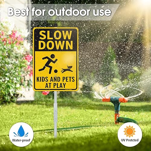 Miniatura 9 de Paquete de 2 letreros metálicos de Slow Down para niños y mascotas en juego con estacas en H, letreros reflectantes de aluminio de 14 pulgadas y 10