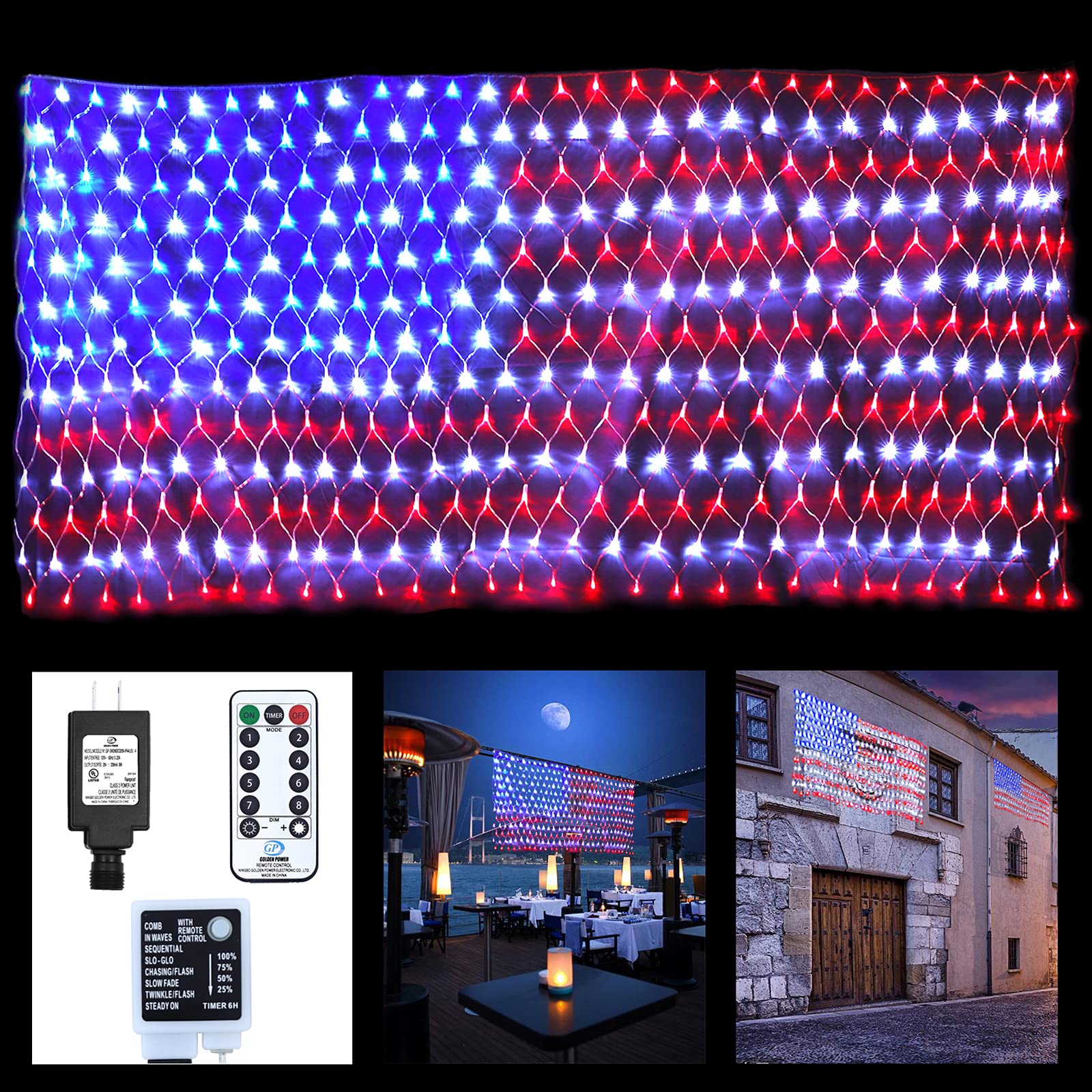 Gogsic American Flag Lights 6.6ft3.3ft Outdoor Decor String Lights【8 Modes with Remote】Waterproof Led Flag Net Light LED39...