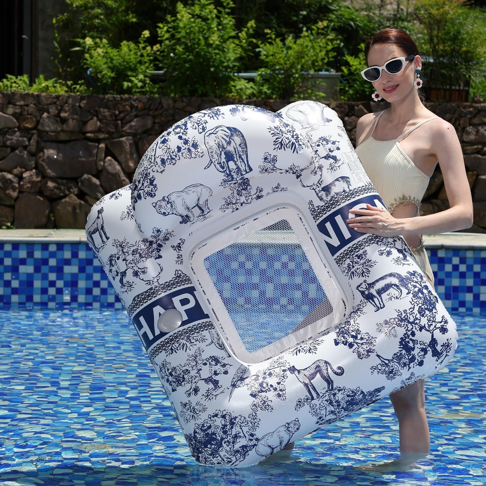 Matelas Piscine, Bouee Piscine Adulte | Avec Appui-tête Incurvé et Porte-gobelet, Fond en Filet, pour une Fête sur la Plage