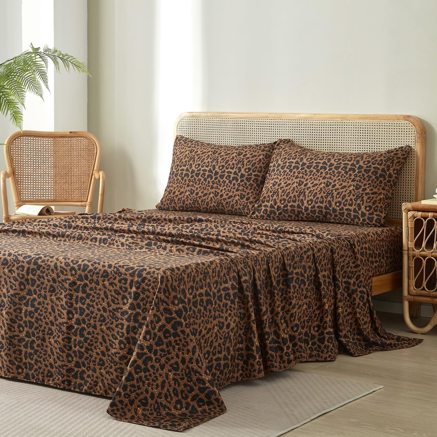 mixinni Leopard Print Sheet Set King Size - 4 Piece Bedding Sheets, Soft & Durable Bed Sheets with 1 Fitted Sheet, 1 Flat Sheet & 2 Pillowcases, Brown/Black Animal Print Sheets for Bedroom Decor