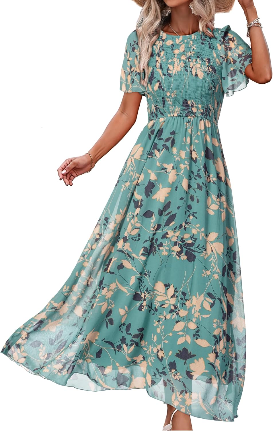 Simplee Womens Summer Floral Summer Maxi Dresses Boho Flowy Flutter Short Sleeve Crew Neck Vacation Smocked Chiffon Dress