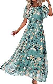 Simplee Womens Summer Floral Summer Maxi Dresses Boho Flowy Flutter Short Sleeve Crew Neck Vacation Smocked Chiffon Dress