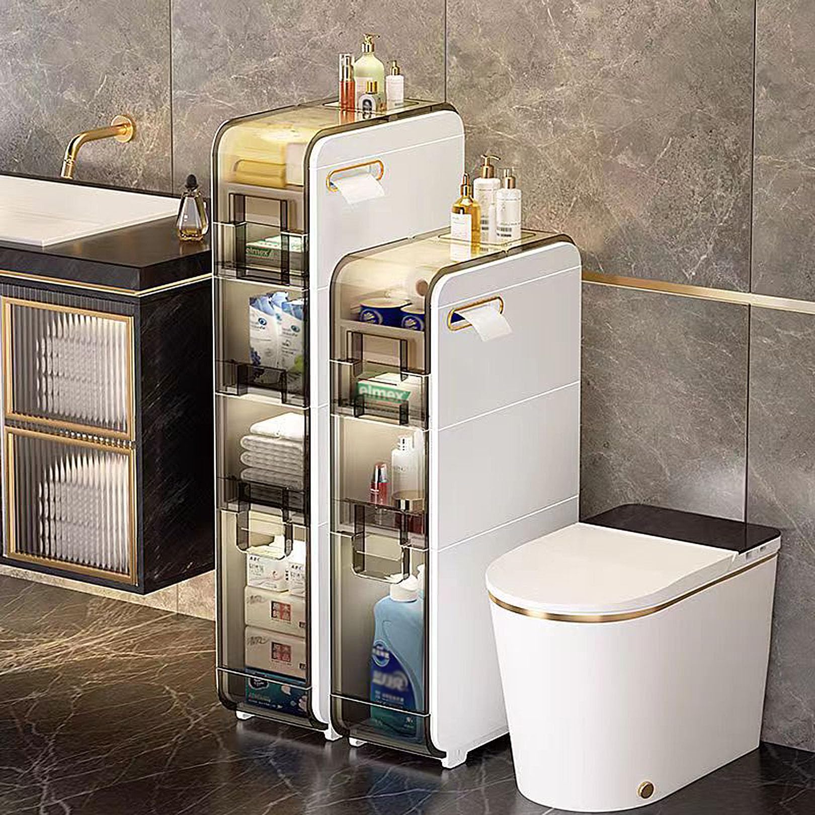 Armadietto da pavimento da bagno, autoportante, sottile, con cassetto a 3/4 ripiani, armadietto multiuso per carta igienica, libri, shampoo