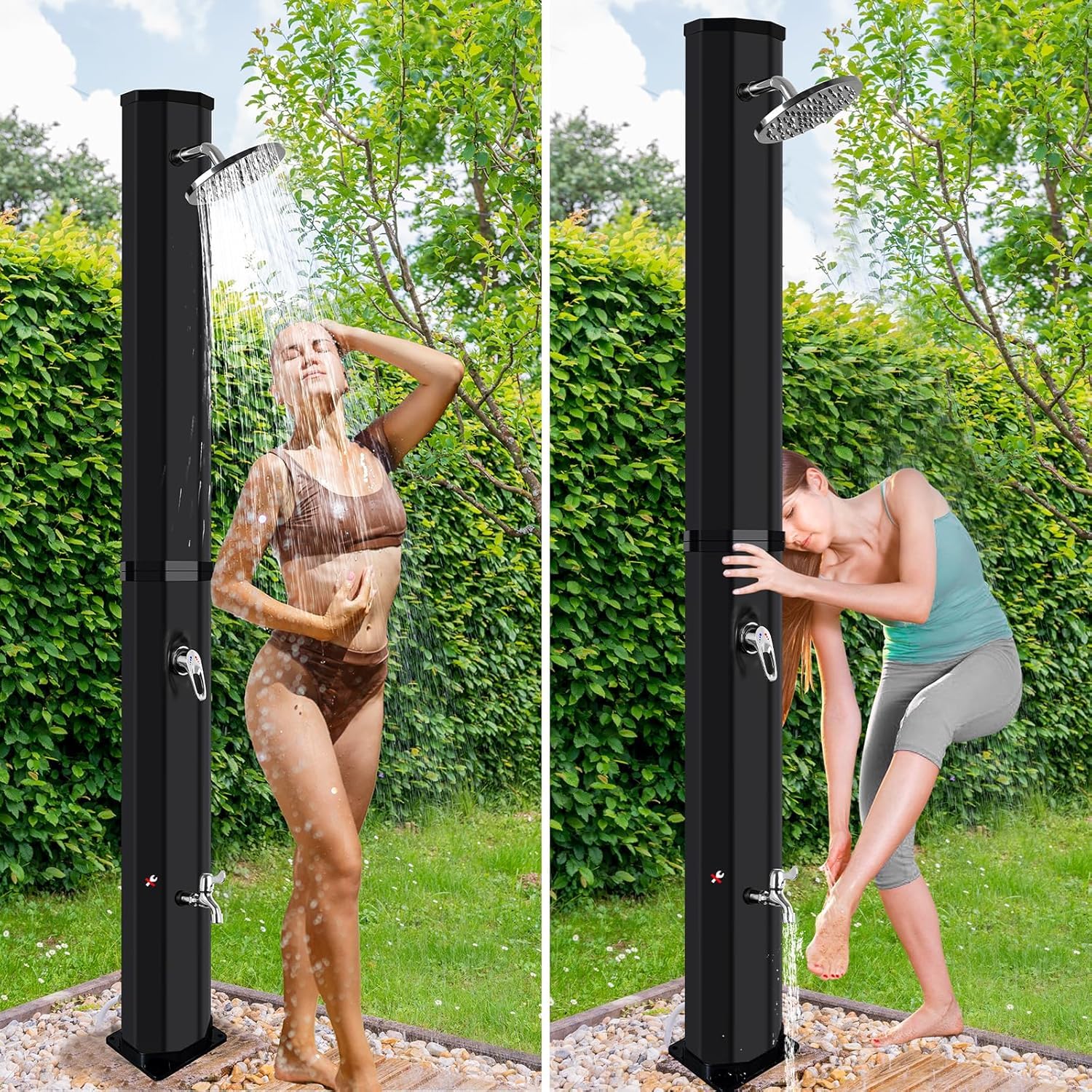 Solar Gartendusche 60 Liter Solardusche mit Drehbarem Duschkopf, Fußarmatur und Abdeckhaube, Einstellbares Warm und Kaltwasser, Maximal 60°C, Aussendusche Solar Dusche für Garten Pool Camping