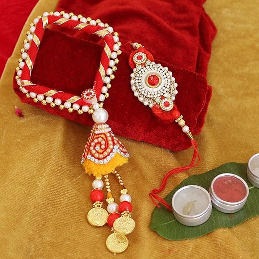 TIED RIBBONS Rakhi for Brother and Bhabhi Gift Set | Rakhi for Bhaiya Bhabhi | Rakhi Set for Bhai Bhabhi - Lumba Rakhi for Bhabhi | Raksha Bandhan Card | Roli Chawal Tika