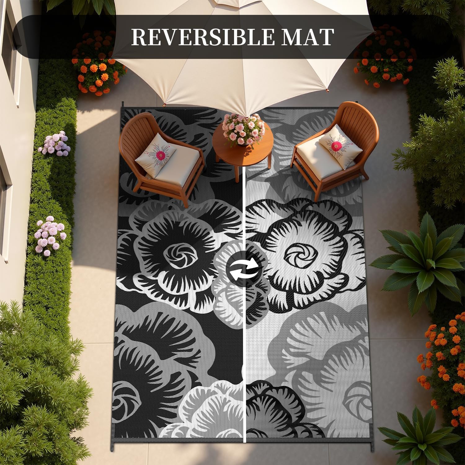 MontVoo Outdoor Rug-Waterproof Patio Rug Mat 6x9 ft Outdoor Carpet Mat Reversible Plastic Straw Outside Outdoor Rugs for RV Camping Picnic Beach Balcony Backyard Pool Deck Porch Farmhouse Floral Black