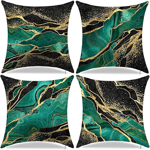 LDJRSY Juego de 4 fundas de almohada decorativas de 18 x 18 pulgadas color verde y dorado fundas de almohada cuadradas de mármol para sala de estar